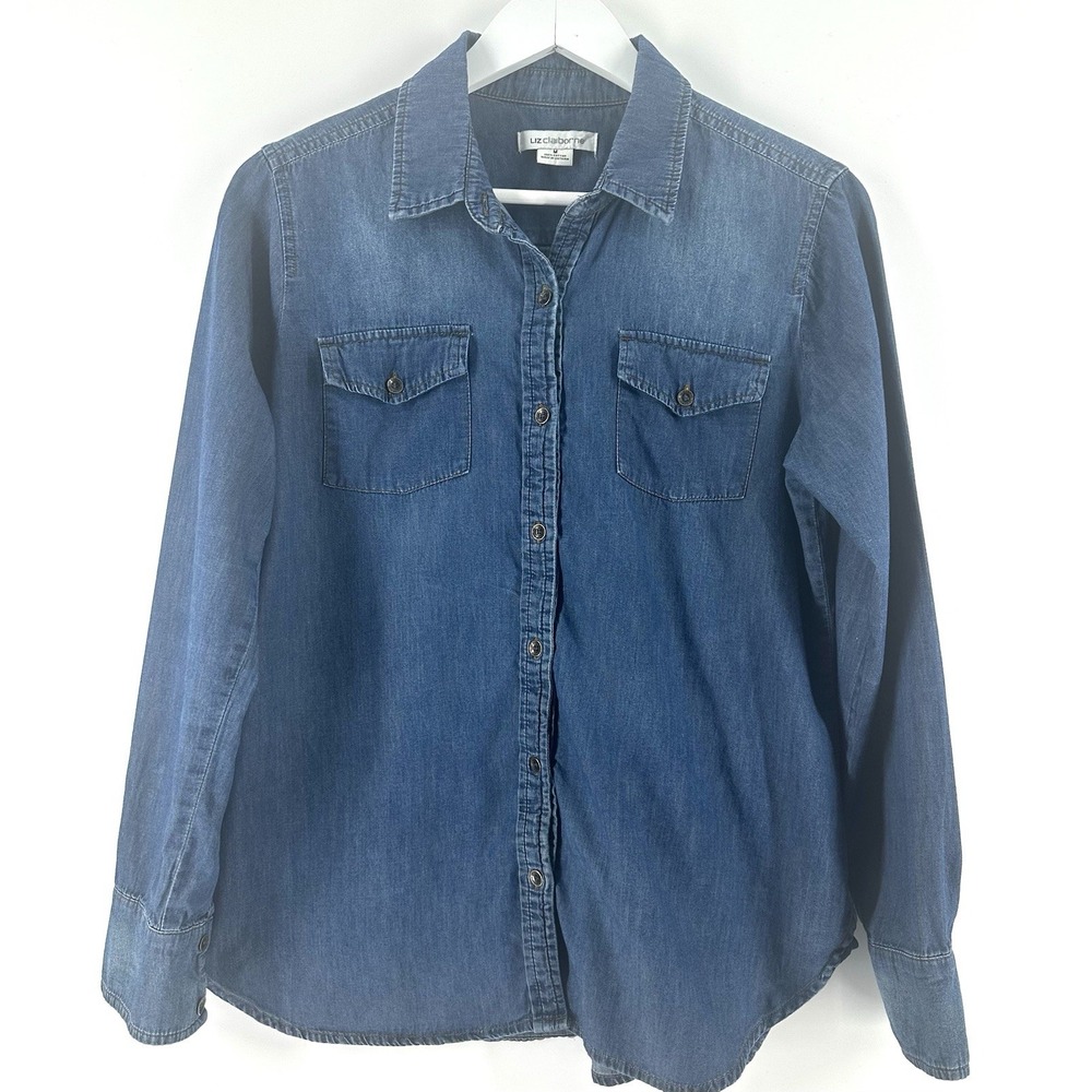 VTG‎ Liz Claiborne Triangle Denim Dark Blue Preppy Sz M Shirt Women X1004